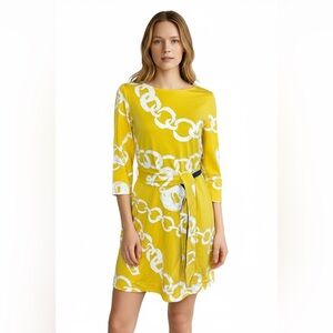 Lilly Pulitzer Yellow Chain Print Belted Dress S 3/4 Sleeve Stretch Jersey